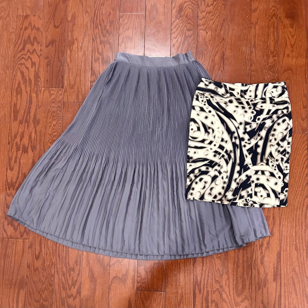 Vintage Lot of 2 Skirts Alfani Old Navy EUC Grey Pleated Peasant Skirt Black Tan